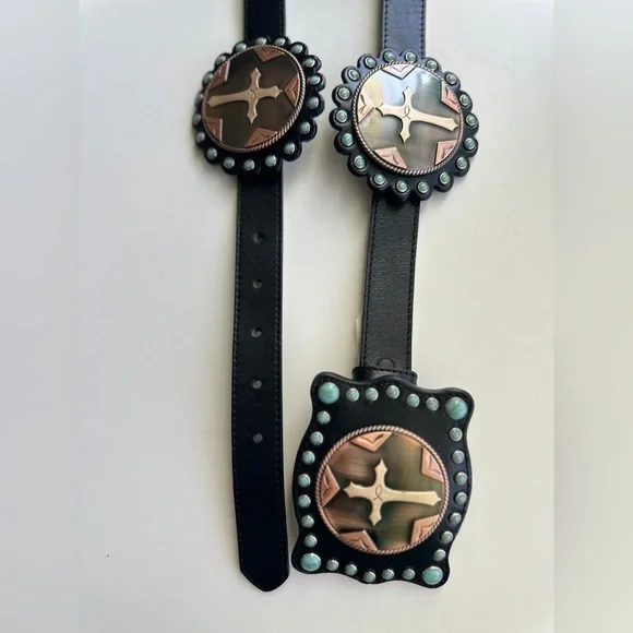 Angel Ranch Genuine Black Leather Belt with Copper and Turquoise Conchos - Picture 2 of 5
